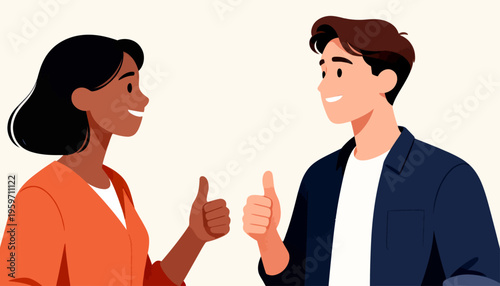 Two people smile warmly while giving thumbs-up gestures. They share a joyful, encouraging moment together. Perfect for conveying teamwork, approval, or mutual success. Ideal for business, education
