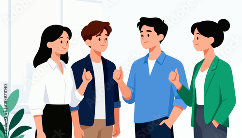 Four colleagues engage warmly in an office setting. They gesture with confidence, sharing ideas in a collaborative space. Soft lighting highlights a clean, modern workspace