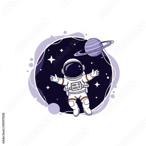 Vector flat design illustration of an astronaut floating in space with a planet and stars on a dark background with purple accents.