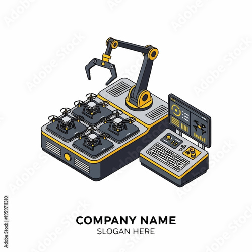 Automated industrial robotic arm system with drones and control console for advanced manufacturing and technology.