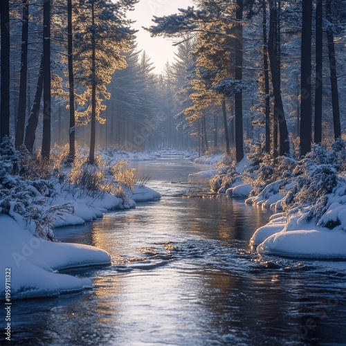 Snow-covered stream flowing through a winter forest.