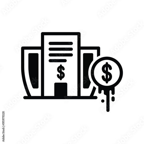 Minimalist black and white icon of a corporate bank building with a melting dollar coin symbol representing financial crisis, economic loss, and asset depreciation.