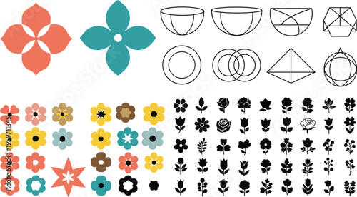 Floral and Geometric Patterns Set with Colorful and Black and White Flowers, Geometric Shapes, and Modern Illustrations