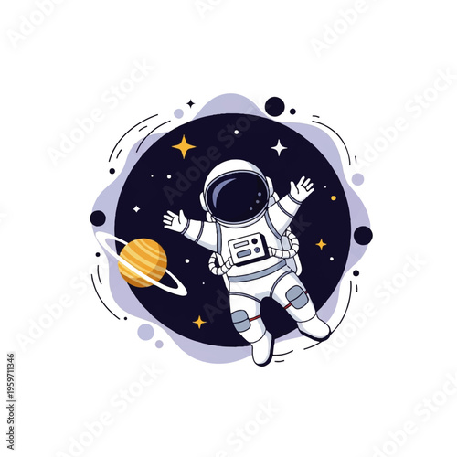 Vector flat design illustration of an astronaut floating in space with a planet, stars, and a space suit, against a white background.