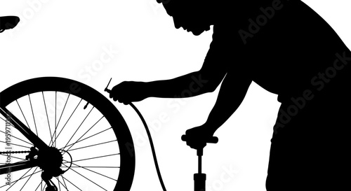 Man inflating bicycle tire with pump in dark silhouette against white background