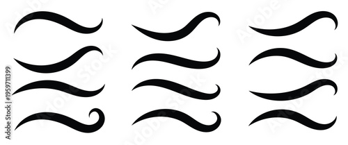 Swoosh line vector, underline swish, stroke swash swirl, curved hand drawn text calligraphic brush tail, black fireworks icon set. illustration in eps 10 on white background.