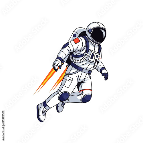 Vector flat design illustration of an astronaut wearing a white spacesuit and running with orange propulsion flames against a clean white background.