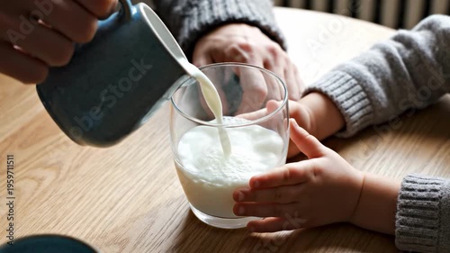 Person pouring milk into a glass held by a child