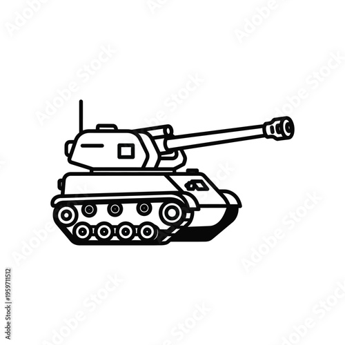 Simple black and white line art illustration of a military armored tank with turret and tracks for defense, history, and gaming concepts