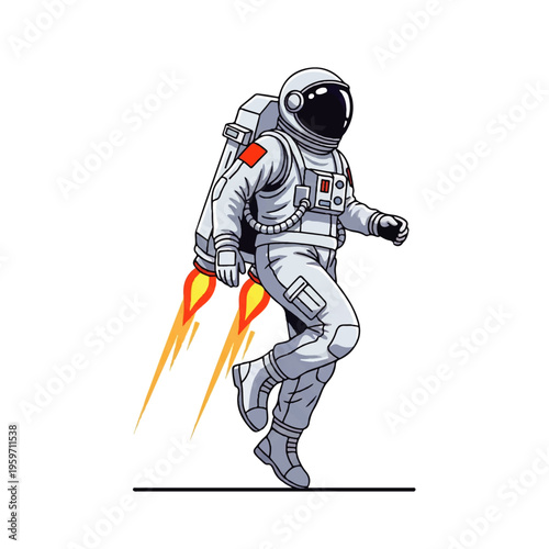 Vector flat design illustration of an astronaut wearing a white spacesuit with a backpack and running with flame jets on a clean white background.