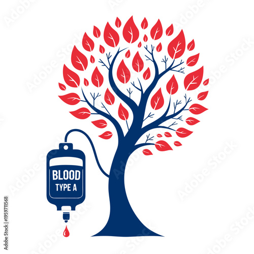 blood bag turning into a blooming tree with red leaves shaped like drops