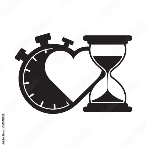 A striking black and white graphic depicts a stopwatch intertwined with a heart and hourglass high quality