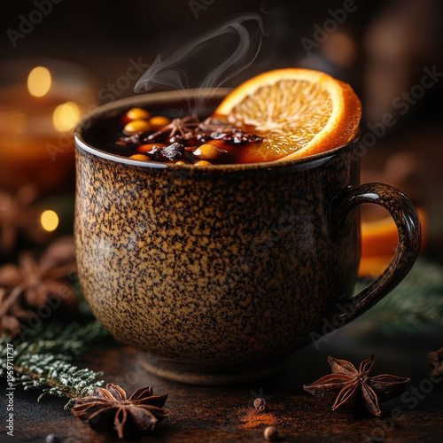 Steaming cup of hot tea with orange slices and spices.