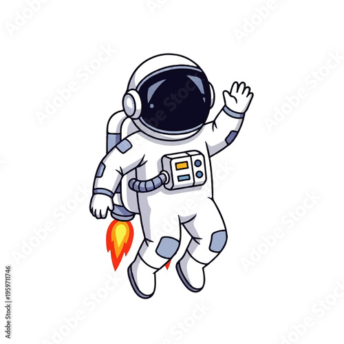 Vector flat design illustration of an astronaut in a white spacesuit with a jetpack, waving, on a clean white background with a playful and adventurous mood.