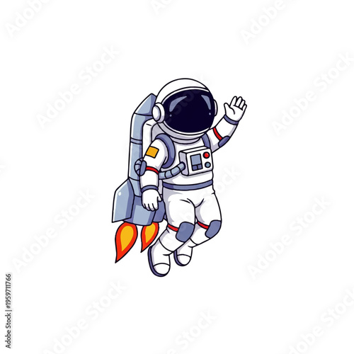 Vector flat design illustration of an astronaut waving in a white spacesuit with a jetpack on a plain white background.
