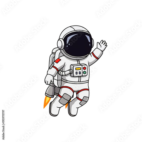 Vector flat design illustration of an astronaut waving with a rocket in hand against a clean white background with a playful and adventurous mood.
