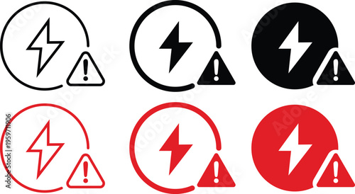 High voltage warning icons set, electrical hazard alert symbols with lightning bolt and exclamation mark, 6 vector elements for industrial safety
