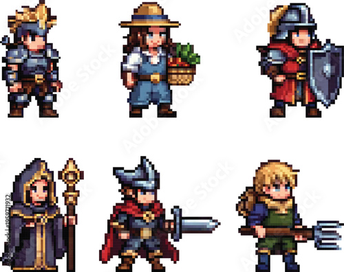 Pixel heroes for games: warrior, archer, mage, farmer