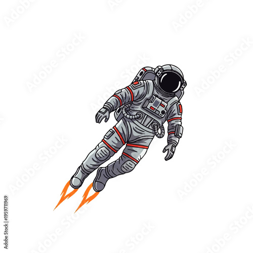 Vector flat design illustration of an astronaut floating in space with orange thrusters on a white background.