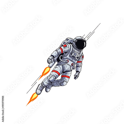 Vector flat design illustration of an astronaut wearing a space suit and flying through space with a jetpack, depicted in a dynamic pose against a clean white background.