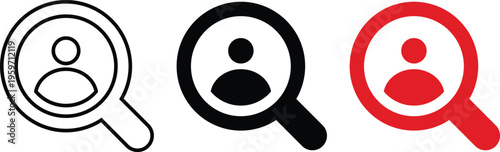 Human resources search icons, magnifying glass with person avatar symbol, recruitment and hiring vector set in black and red colors