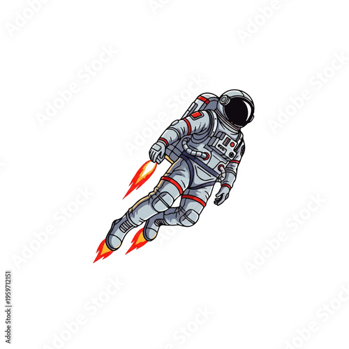 Vector flat design illustration of an astronaut wearing a jetpack with flames, flying through space in a dynamic pose against a white background.