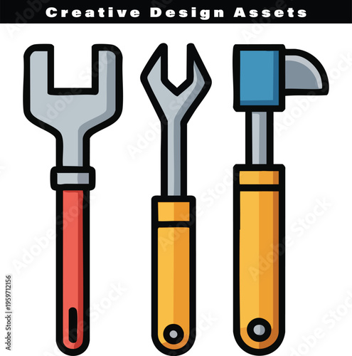 A collection of three stylized construction tools featuring a wrench and specialized hand hammers
