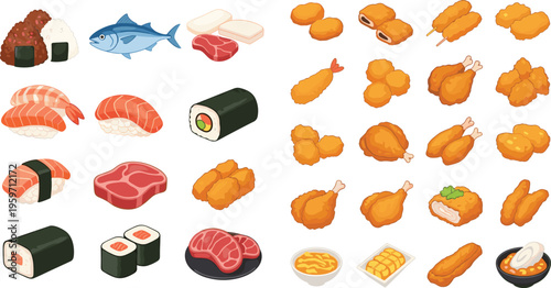 Large isometric vector collection of Japanese food featuring sushi rolls nigiri salmon tuna onigiri fried chicken tempura shrimp and meat cutlets on white,