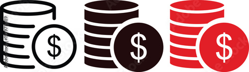 Minimalist dollar coin stack icons, flat vector money symbols in black and red, financial currency set for banking and investment apps