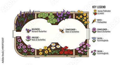 A colorful vector graphic illustration of a pollinator garden design with a key legend