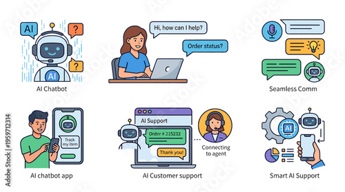 A vibrant illustration of various AI chatbot interfaces and customer support systems in action