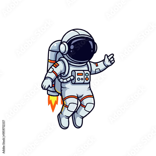 Vector flat design illustration of an astronaut wearing a spacesuit with a rocket pack flying in mid-air against a clean white background.