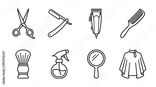 Minimalist barber tools icons set, clean black-and-white grooming essentials illustration