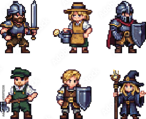 Pixel heroes for games: warrior, archer, mage, farmer