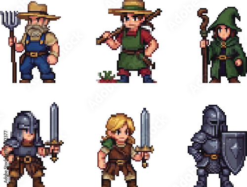 Pixel character pack for the game: farmer, warrior, wizard, guardian