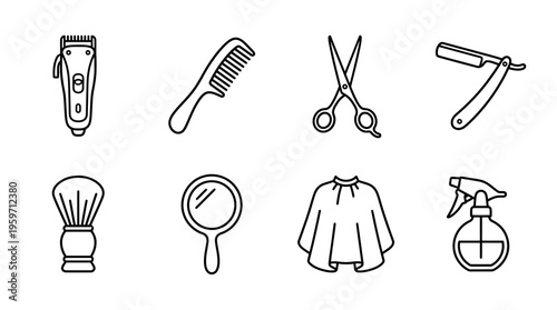 Minimalist barber tools icons set, clean black-and-white grooming essentials illustration