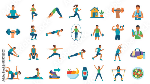 A vibrant illustration of various fitness activities and healthy lifestyle choices against a transparent background