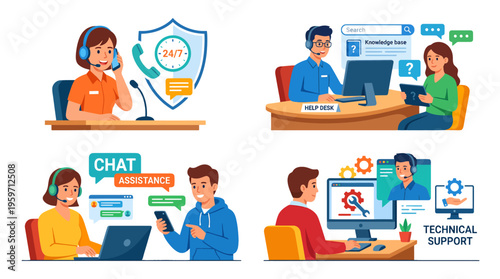 A group of people providing customer support and technical assistance through various communication channels