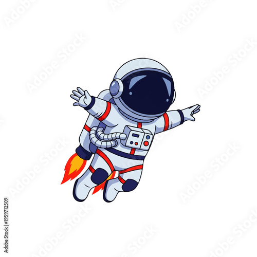 Vector flat design illustration of an astronaut floating in space with a white and orange spacesuit against a clean white background.
