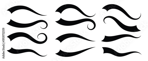 Vector swash swoosh flourish design elements. Curly swish tails and sporty plume swirl logo vector elements for retro banners. Iastration in eps10.
