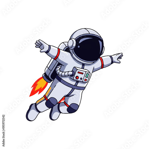 Vector flat design illustration of an astronaut wearing a white spacesuit with a black helmet and a rocket pack flying against a clean white background.
