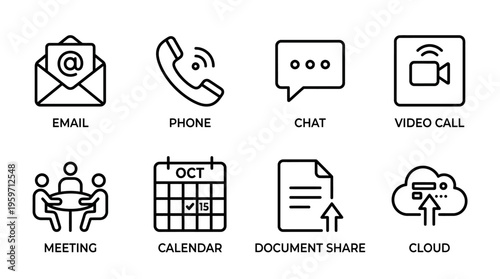 Minimalist communication icons set, clean black-and-white collaboration essentials illustration