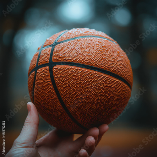 Hand holding basketball ball.