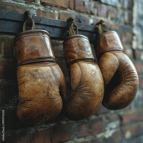Boxing gloves hanging on brick wall.