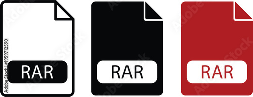 RAR file extension icon set, compressed archive document format symbols, flat vector illustration of data storage and file management icons