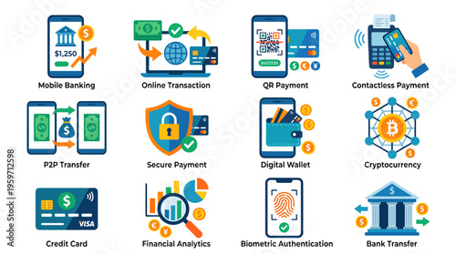 A collection of various financial icons and symbols on a transparent background