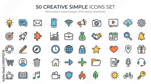 A collection of 50 creative simple icons in a minimalist linear design style with flat vector elements.
