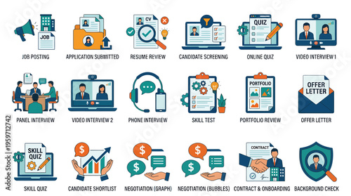 A collection of job search and career development icons on a transparent background