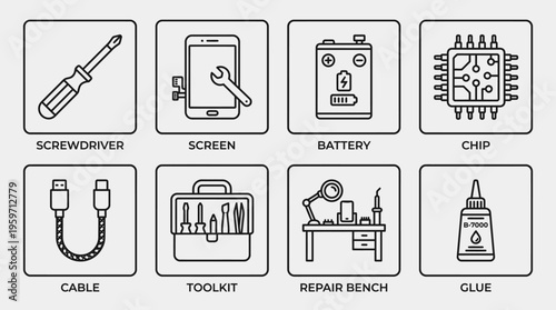 Minimalist electronics repair icons set, clean black-and-white device maintenance essentials illustration