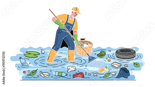 Environmental Guardian: A dedicated individual diligently cleans up polluted water, removing trash to restore its natural beauty, symbolizing the fight against environmental pollution.